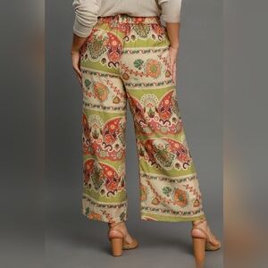 NEW Umgee Wide Leg Green And Paisley Border Print, Flowy Business Casual, Large